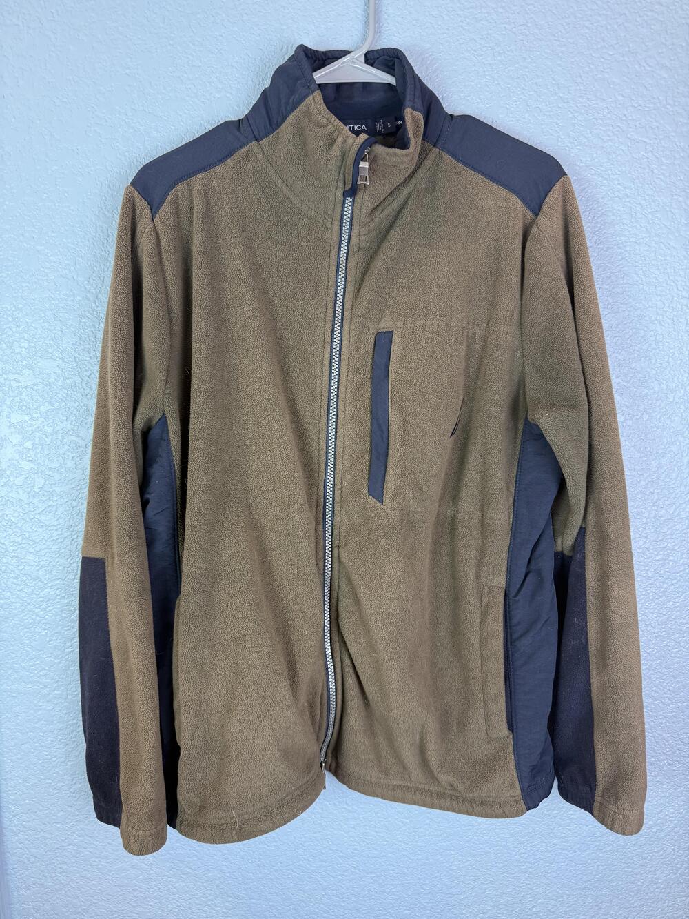 Nautica Jacket Mens Small Brown Full Zip Fleece Outdoor Contrast Panels Logo